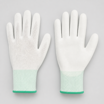 Luvas ESD revestidas com palma de nylon branco PU 10e6-10e9 Ohm para manuseio estático sensível